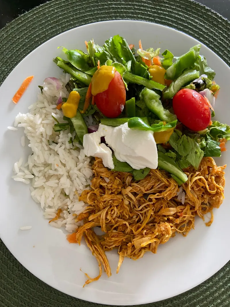 Prato com arroz, frango desfiado e salada